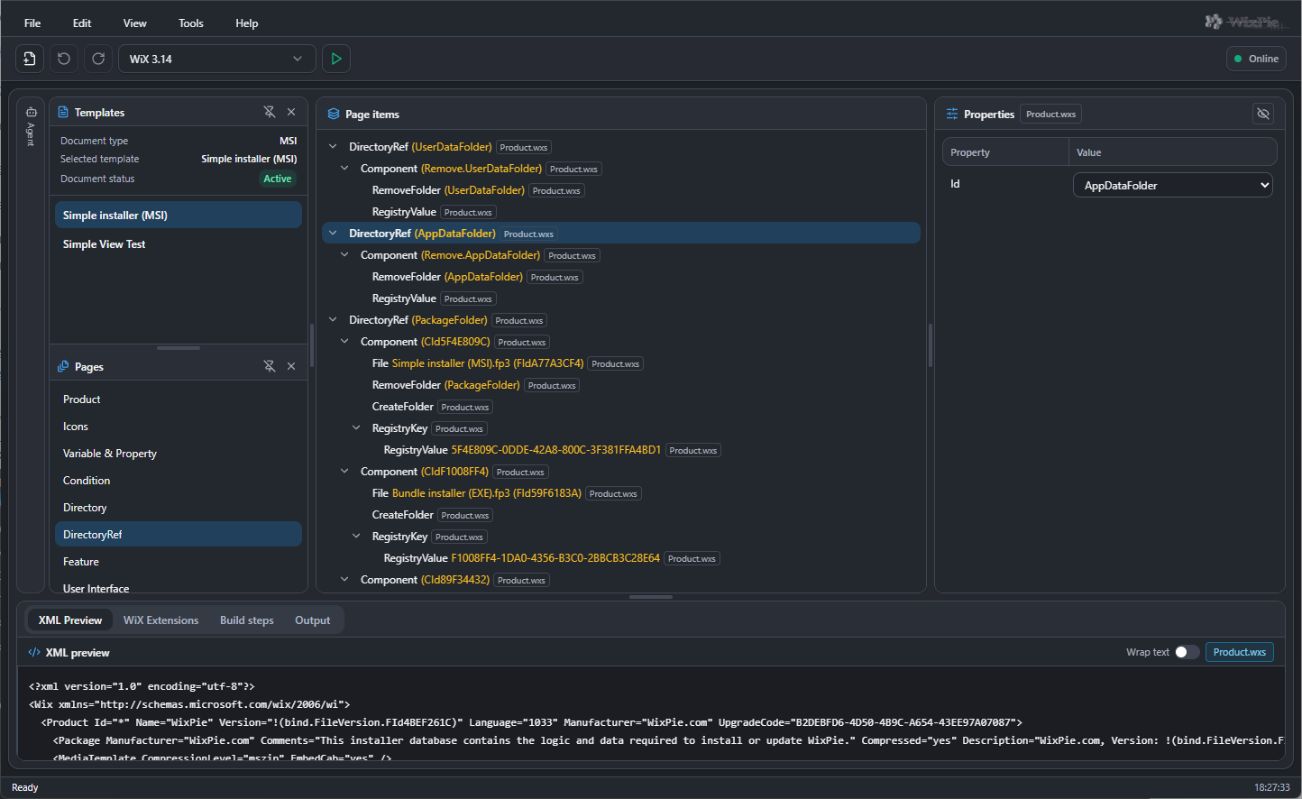 WixPie Online editor showing project pages, page items, properties and XML preview panels